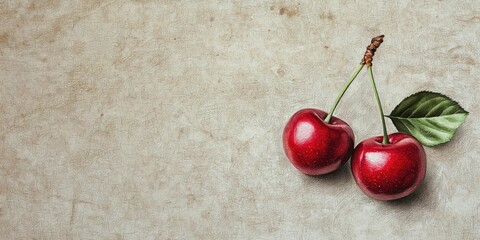 Two cherries rendered in vibrant prismacolor pencil style, clear background