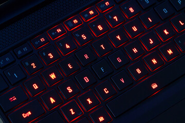 Illuminated RGB Keyboard of High-Performance Gaming Laptop. QWERTY.