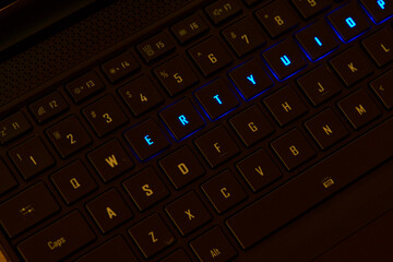 Illuminated RGB Keyboard of High-Performance Gaming Laptop. QWERTY.