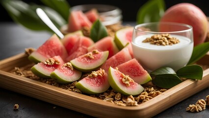 Fresh guava slices served on a wooden platter with yogurt and granola, surrounded by green leaves and fruit in a serene kitchen setting Generative AI