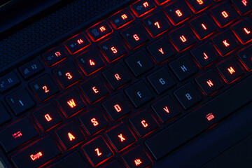 Illuminated RGB Keyboard of High-Performance Gaming Laptop. QWERTY.