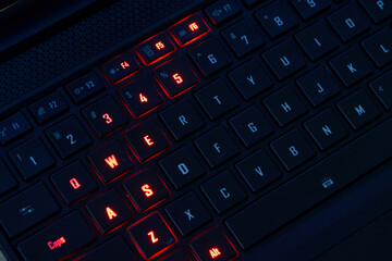 Illuminated RGB Keyboard of High-Performance Gaming Laptop. QWERTY.