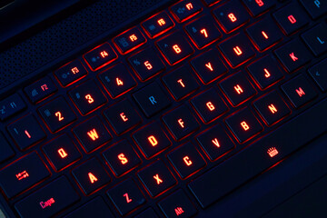 Illuminated RGB Keyboard of High-Performance Gaming Laptop. QWERTY.