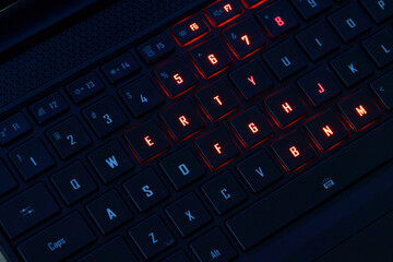 Illuminated RGB Keyboard of High-Performance Gaming Laptop. QWERTY.