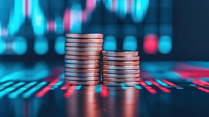 Stacked coins symbolizing wealth accumulation in futuristic digital economy with stock market charts