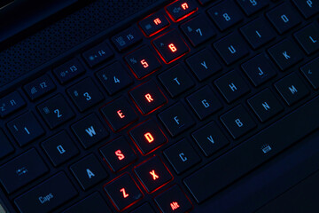 Illuminated RGB Keyboard of High-Performance Gaming Laptop. QWERTY.
