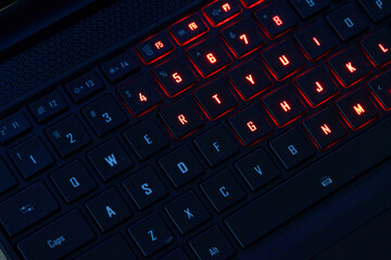 Illuminated RGB Keyboard of High-Performance Gaming Laptop. QWERTY.