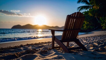 Atardecer sereno en una playa tropical con silla de madera