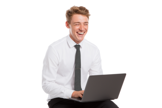 young man engrossed in his work using laptop isolated on white background