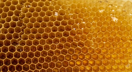 Detailed Macro Photograph of Glistening Honeycombs Filled with Golden Nectar on a Soft Beige Background Using 100mm Macro Lens