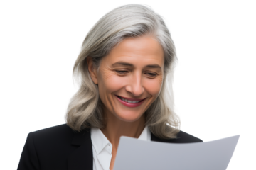 Elegant mature woman looking at document isolated on white background