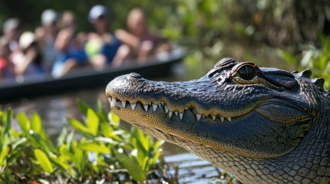 American alligator portrait with sharp teeth and tour boat in the background