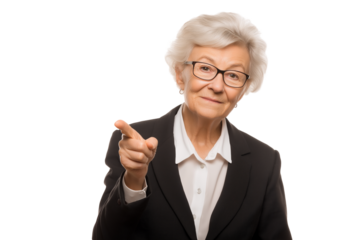 elderly woman in glasses pointing her finger forward isolated on white background