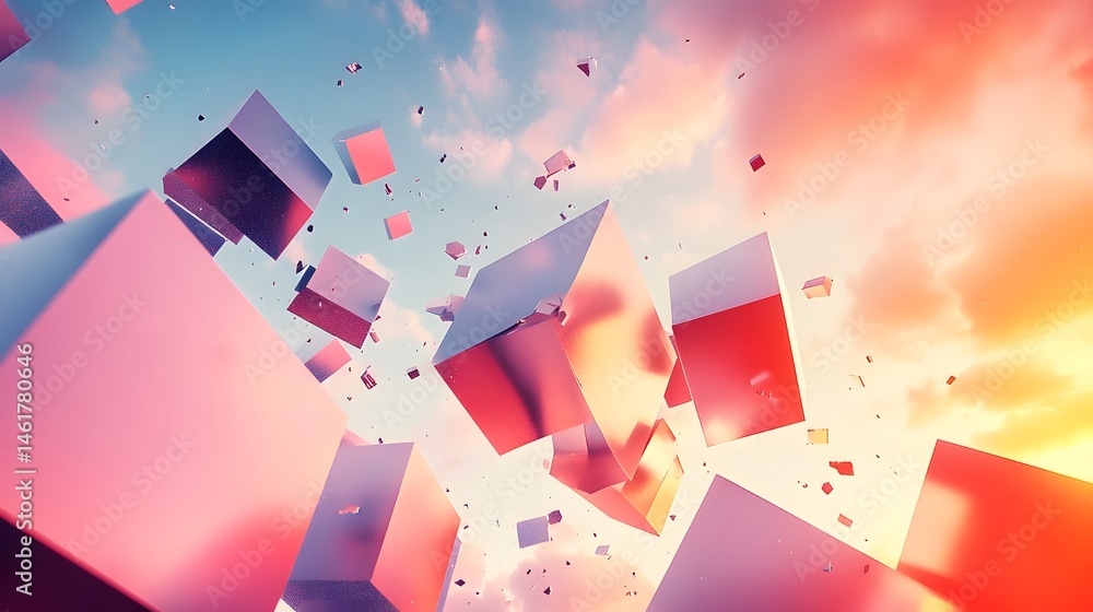 Poster Abstract design of numerous floating cubes in a colorful sky.