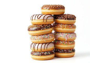Delicious Stack of Assorted Donuts: Chocolate, Sprinkles, Glazed