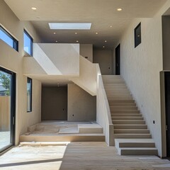 Fototapeta premium Modern home interior with minimalist staircase and skylight.