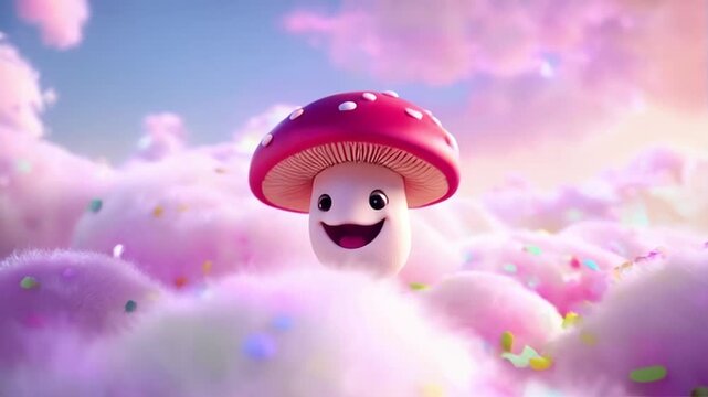 Cartoon Mushroom Character with Red Cap on Pink Landscape Background Creates Playful Dreamlike Scene