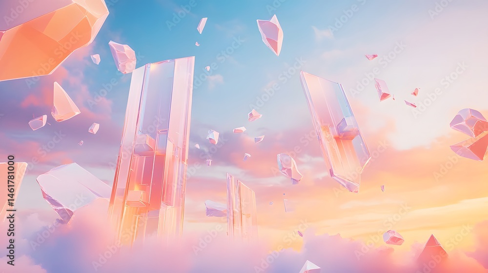 Poster abstract digital scene of floating shards in pastel colors.