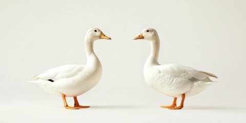 Fototapeta premium Two ducks turning heads in opposite directions, natural real posture, on white.