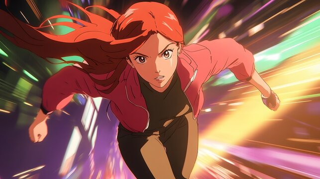 Alya transforming into Rena Rouge during a chase in anime style