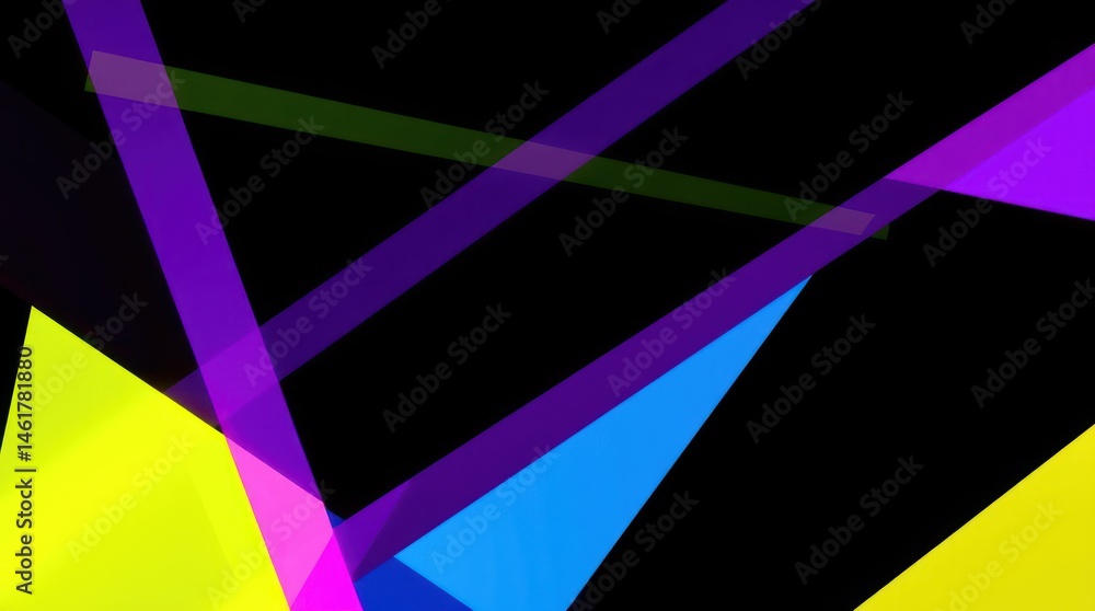 Poster vibrant geometric abstract art with overlapping translucent triangles and lines on a black backgroun
