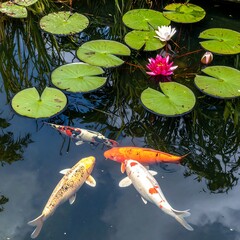 Koi Fish in a Tranquil Pond with Water Lilies