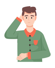 Person wondering and thinking, character discussing and gesturing, emphasizing teamwork and collaboration