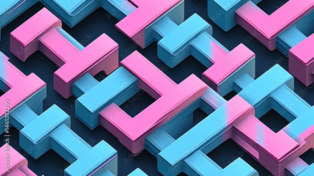 Poster abstract 3d geometric pattern with pink and blue interlocking shapes.