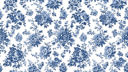 Classic indigo floral bouquet pattern on pure white backdrop seamless design