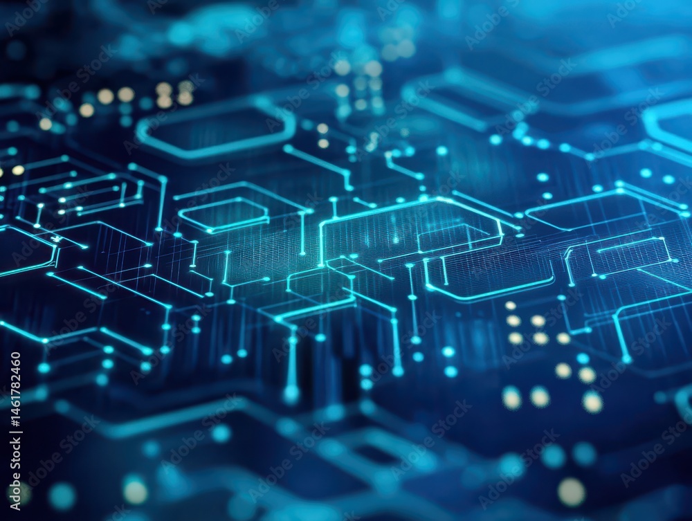 Poster close-up view of intricate circuit board pathways. detailed network of glowing blue lines and points
