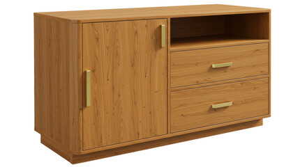 Isolated Wooden Cabinet with Drawers and Golden Handles