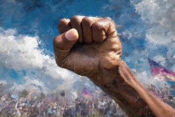 A raised fist, a symbol of strength and unity, against a vibrant sky.
