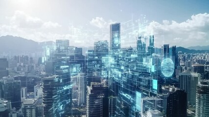 Futuristic city skyline with digital overlay enhancing the concept of smart city innovation - Powered by Adobe