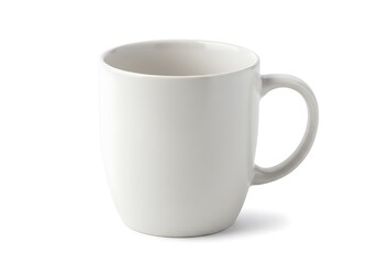 A simple white mug with a handle sitting on a white background in a studio setting, isolated view