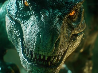 Obraz premium Tyrannosaurus Rex close up portrait menacing dinosaur with sharp teeth and glowing eyes in jungle environment