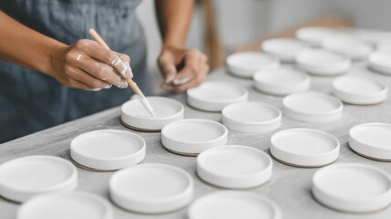 Female hand painting ceramic plates in workshop