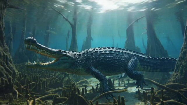 Underwater alligator in swampy forest; wildlife, nature, photo