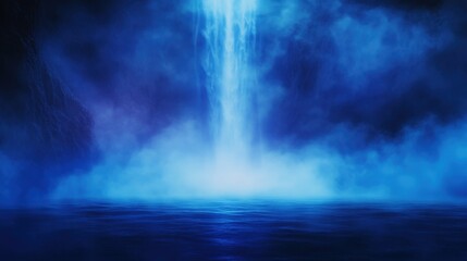 Mystical blue waterfall with mist and dark surroundings