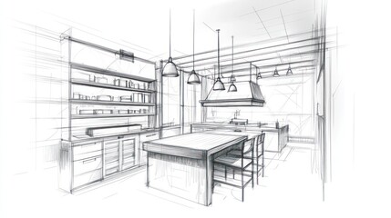 Obraz premium Architectural sketch of a modern kitchen design with island, shelving, and exposed beams.