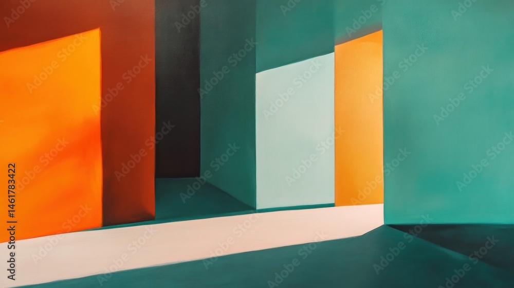 Poster abstract art of colorful geometric shapes and shadows, creating a hallway illusion.