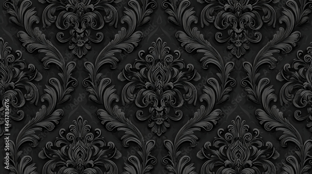 Poster dark floral damask pattern with intricate details and a textured surface creating a luxurious backdr