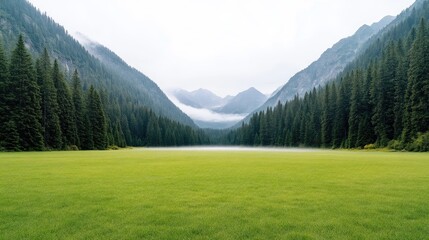 Misty mountain valley with a tranquil lake and lush green field