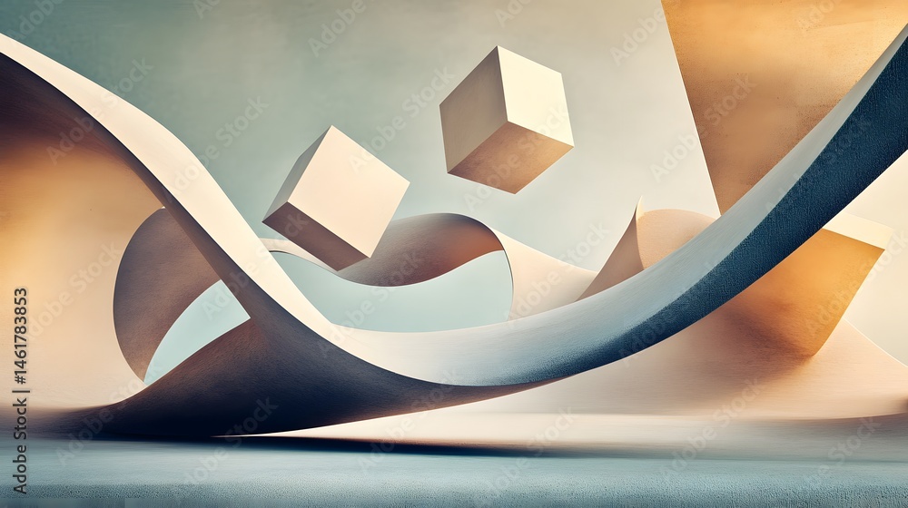 Poster abstract composition of flowing forms and cubes.