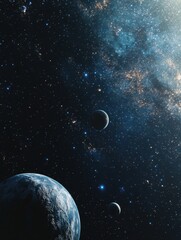 Fototapeta premium Cosmic Ballet of Planets in Starry Expanse Wide angle shot of celestial bodies and galaxy in deep space