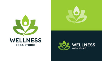 Wellness logo design. Yoga person design with leaf graphic vector