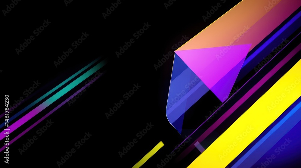 Poster abstract vibrant geometric design with diagonal lines and triangular shapes on a dark background