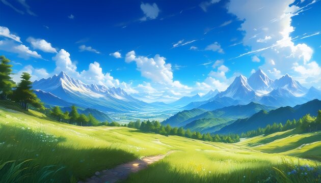 digital anime style art painting of beautiful landscape scenery of mountains and blue sky
