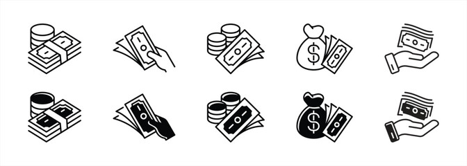 money icon set. containing minimalist line art illustration representing cash, payment, wealth transaction thin line and flat icon for your app and web. vector illustration