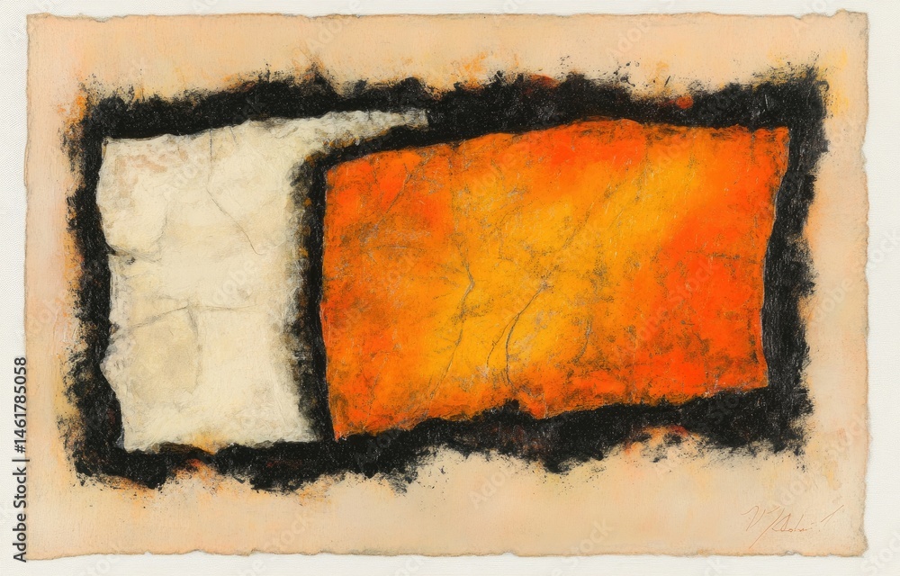 Poster abstract artwork featuring a rectangular orange shape juxtaposed against a rectangular white shape, 