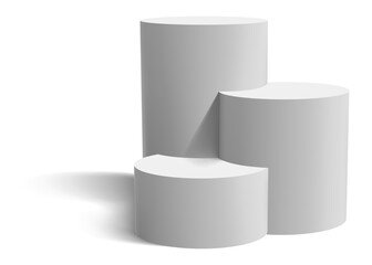 Three white cylinders of varying heights and widths forming a winners podium, casting shadows on a white background, ideal for representing success and achievement
